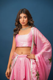 Mandakini Pink Lehenga | Graceful Floral Satin Set for Celebrations - House of Baisa