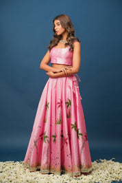 Mandakini Pink Lehenga | Graceful Floral Satin Set for Celebrations - House of Baisa
