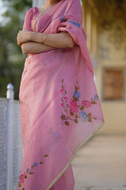 Manjari Blush Pink Organza Saree - House of Baisa
