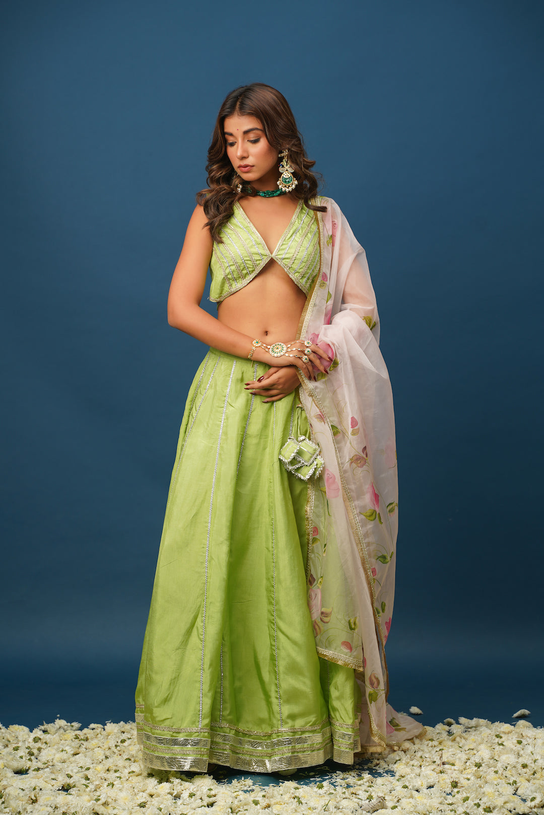 Maya green lehenga styled for haldi or mehendi ceremony
