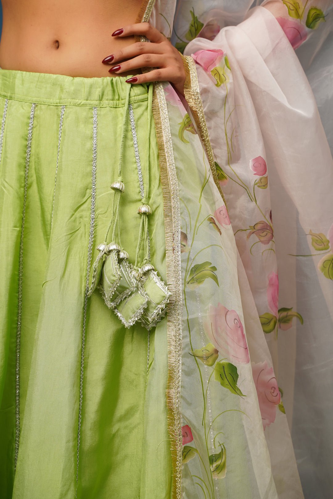 Maya Green Lehenga Set – Pastel Elegance in Satin Silk - House of Baisa