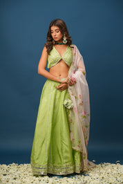 Maya Green Lehenga Set – Pastel Elegance in Satin Silk - House of Baisa
