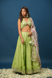 Maya Green Lehenga Set – Pastel Elegance in Satin Silk - House of Baisa