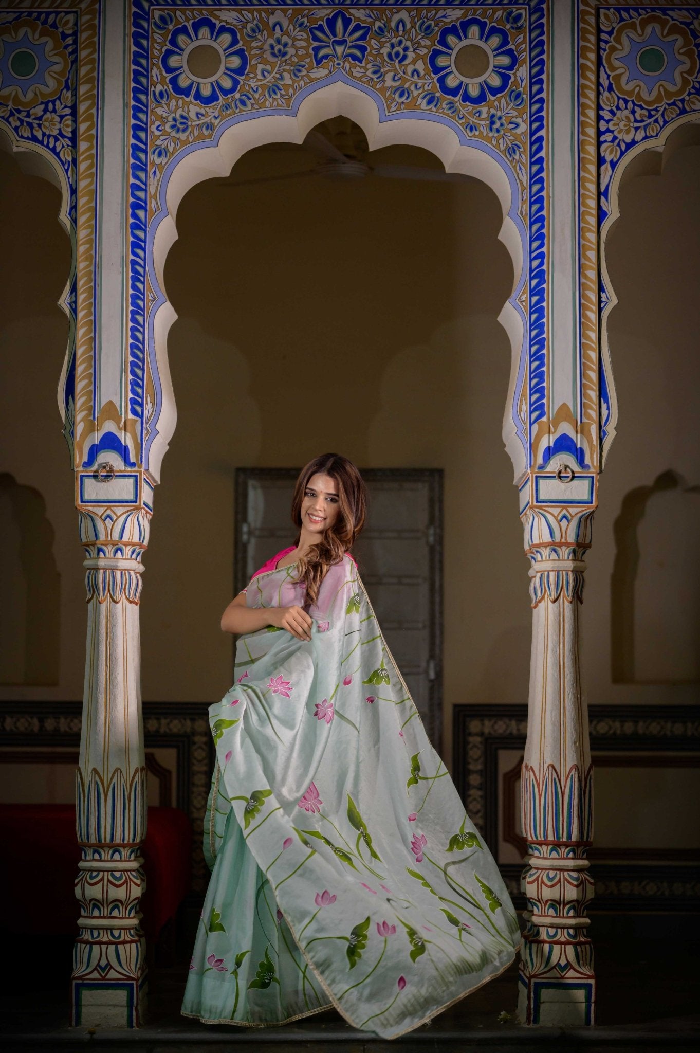 Mint Green Lotus Organza Saree - House of Baisa
