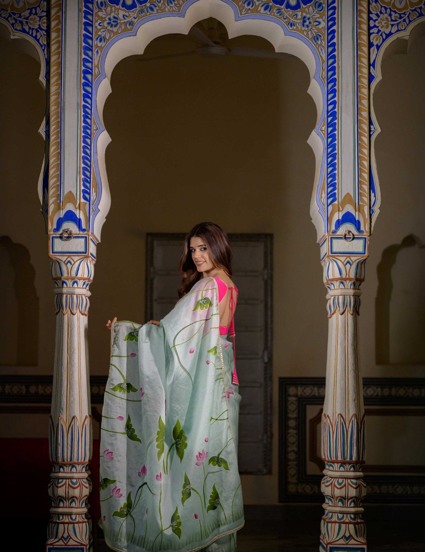 Mint Green Lotus Organza Saree - House of Baisa