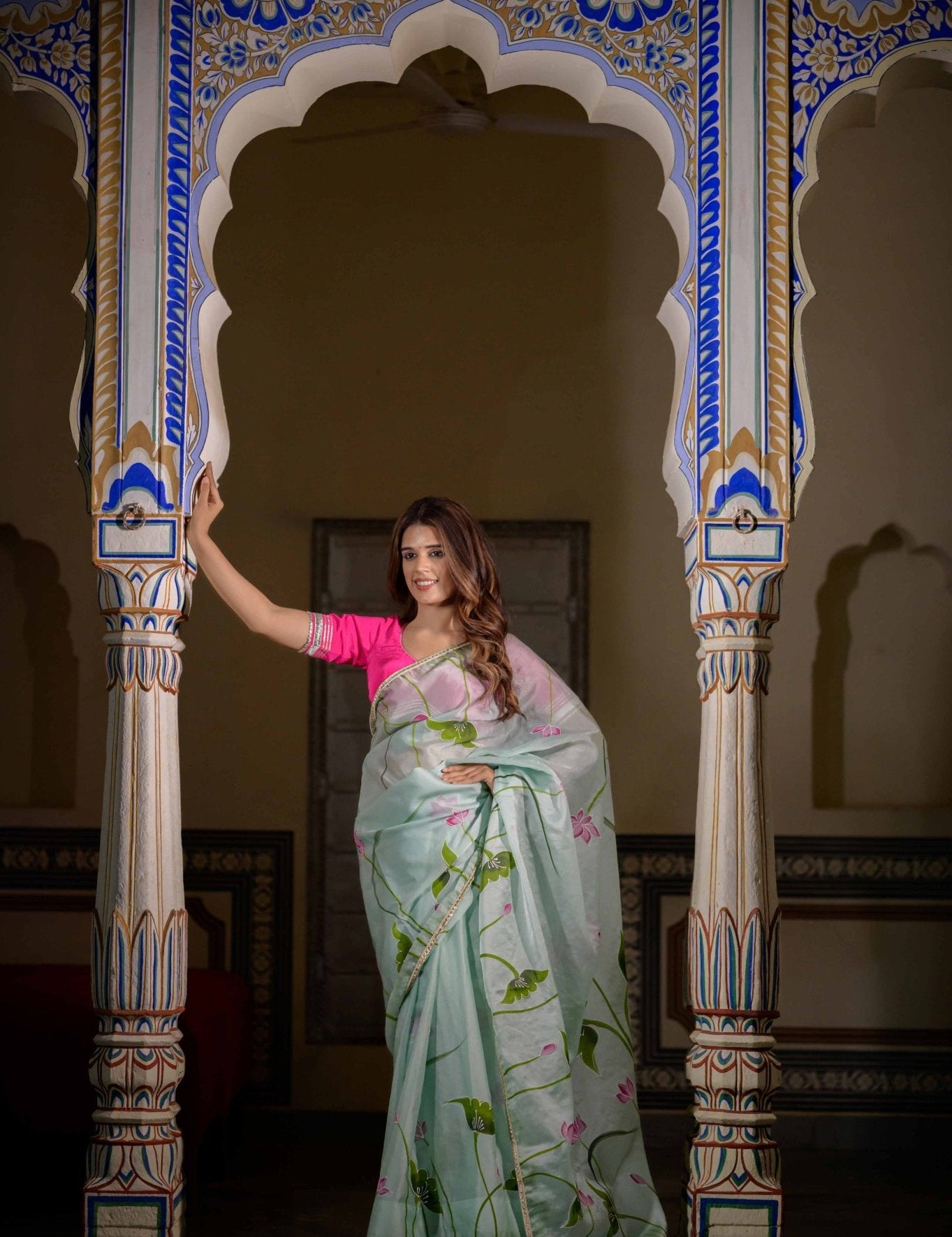 Mint Green Lotus Organza Saree - House of Baisa