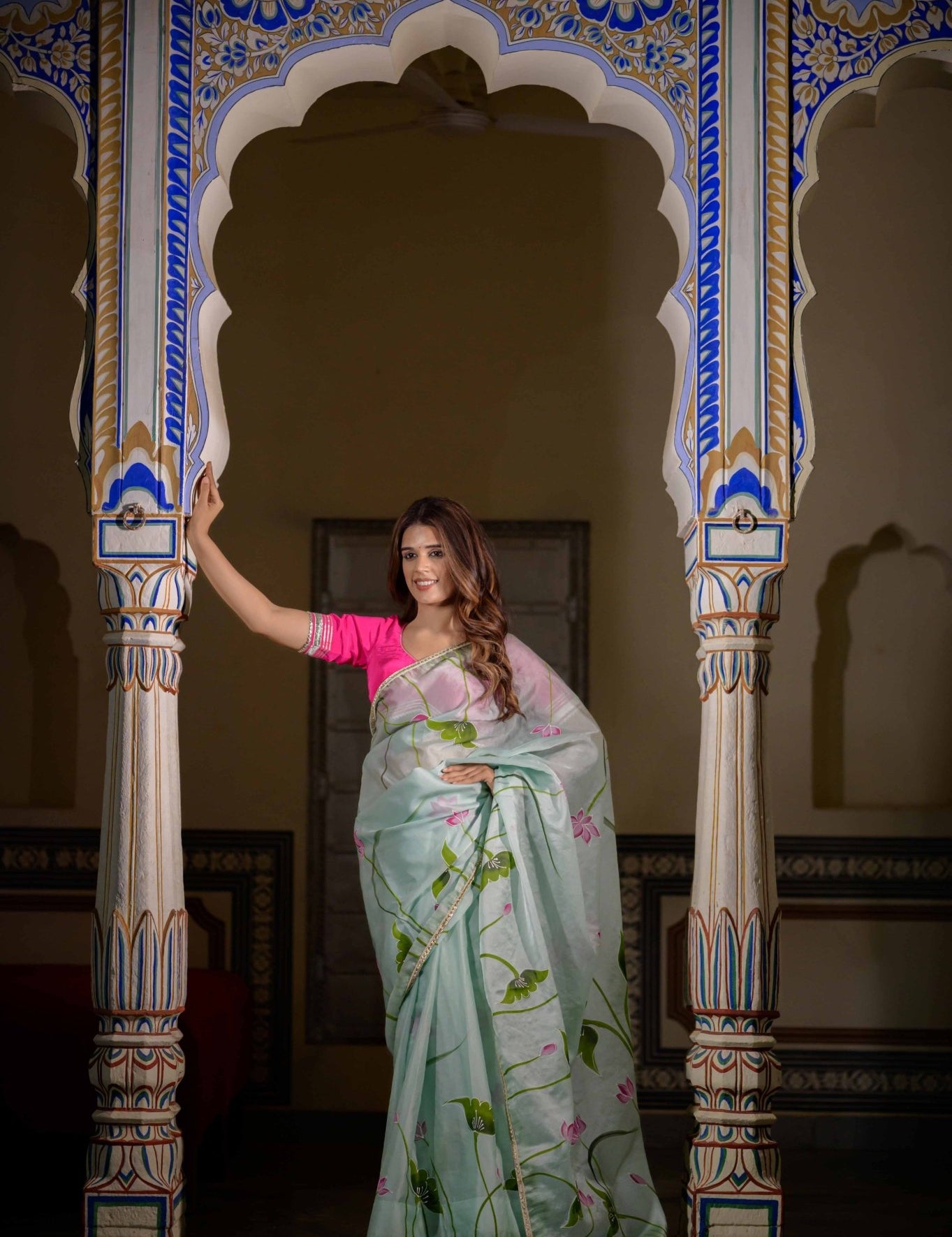 Mint Green Lotus Organza Saree - House of Baisa