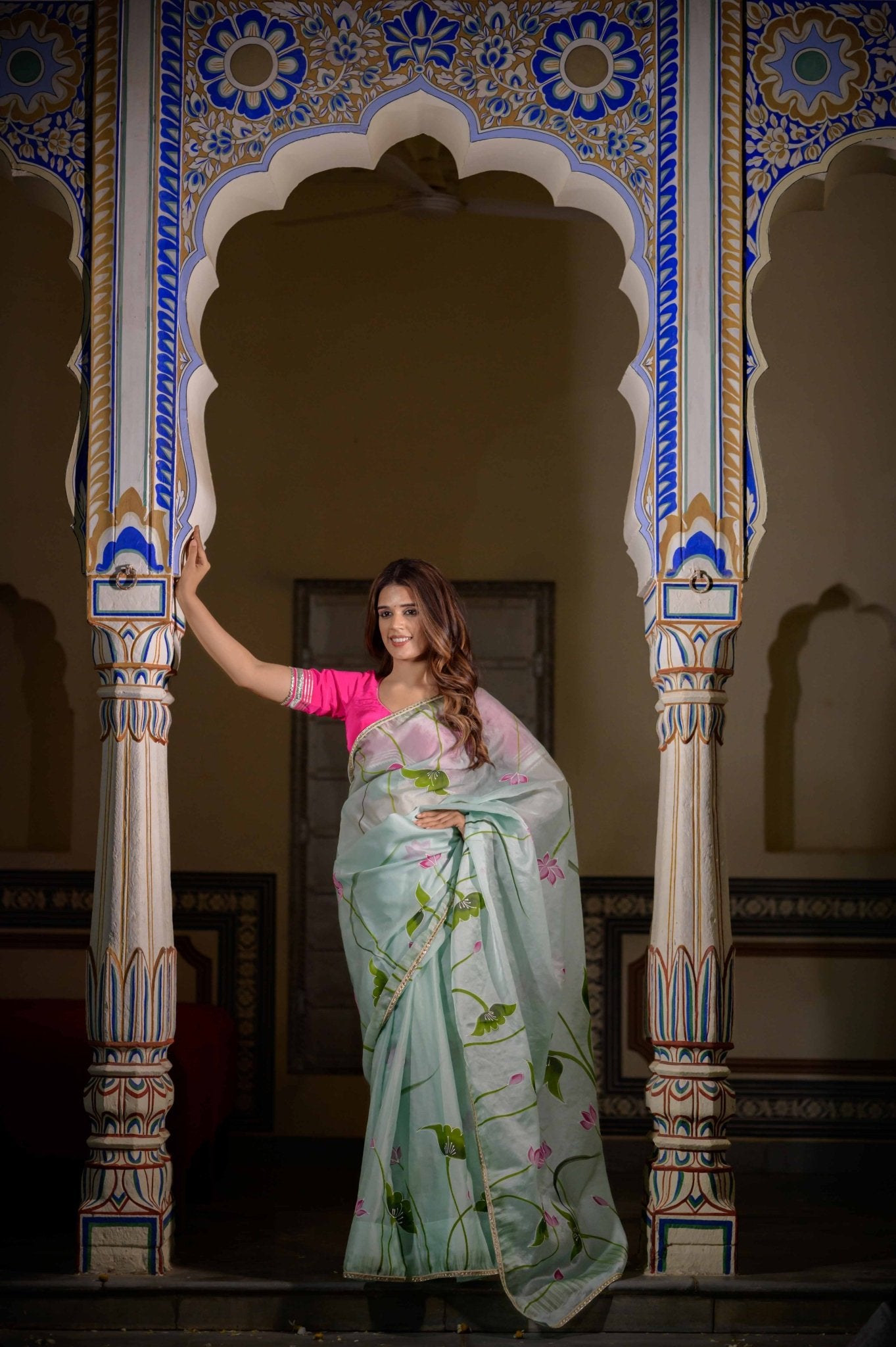 Mint Green Lotus Organza Saree - House of Baisa