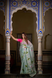 Mint Green Lotus Organza Saree - House of Baisa