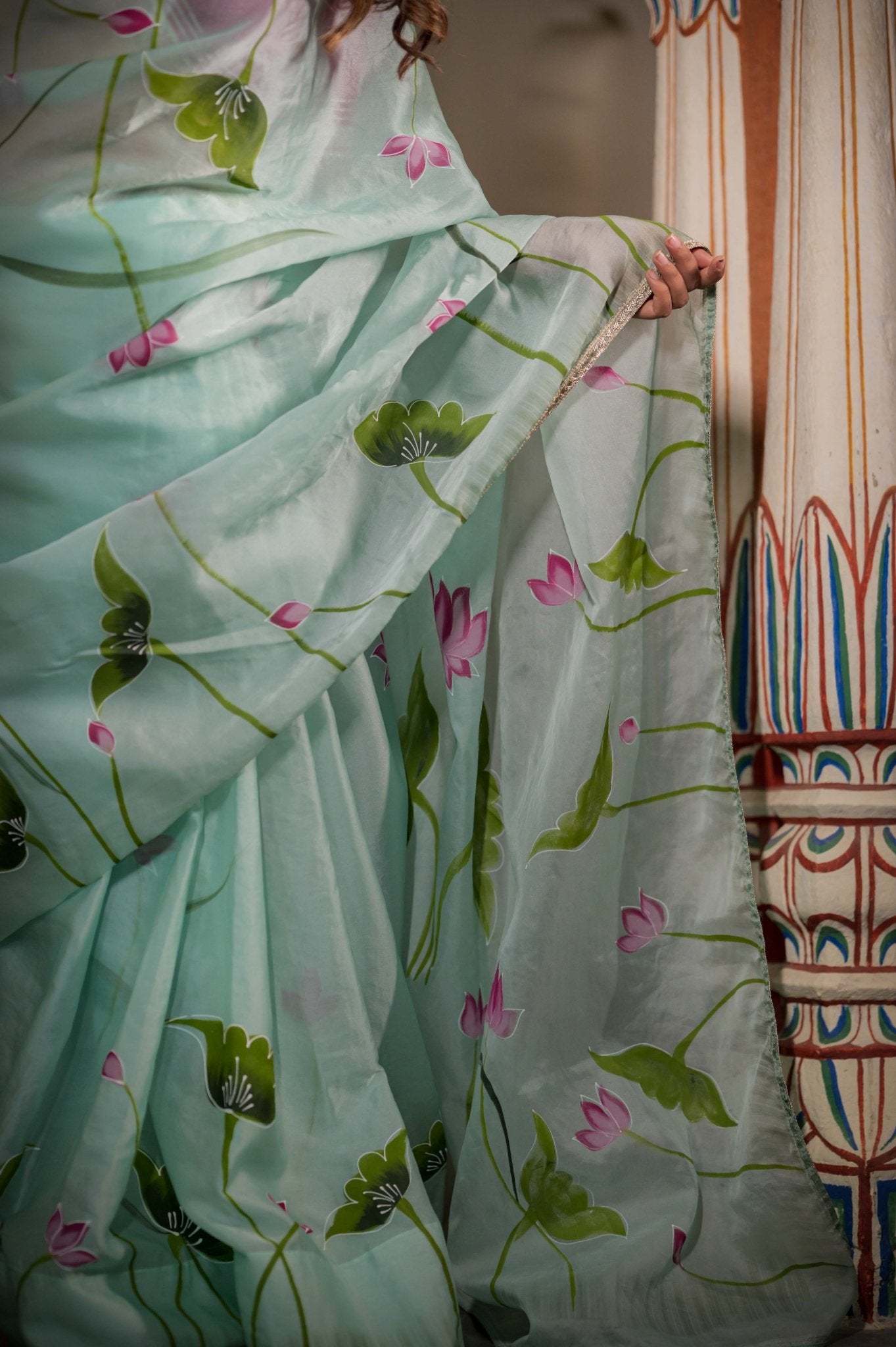 Mint Green Lotus Organza Saree - House of Baisa