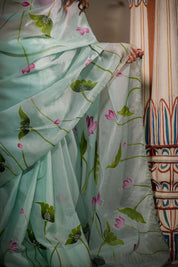 Mint Green Lotus Organza Saree - House of Baisa