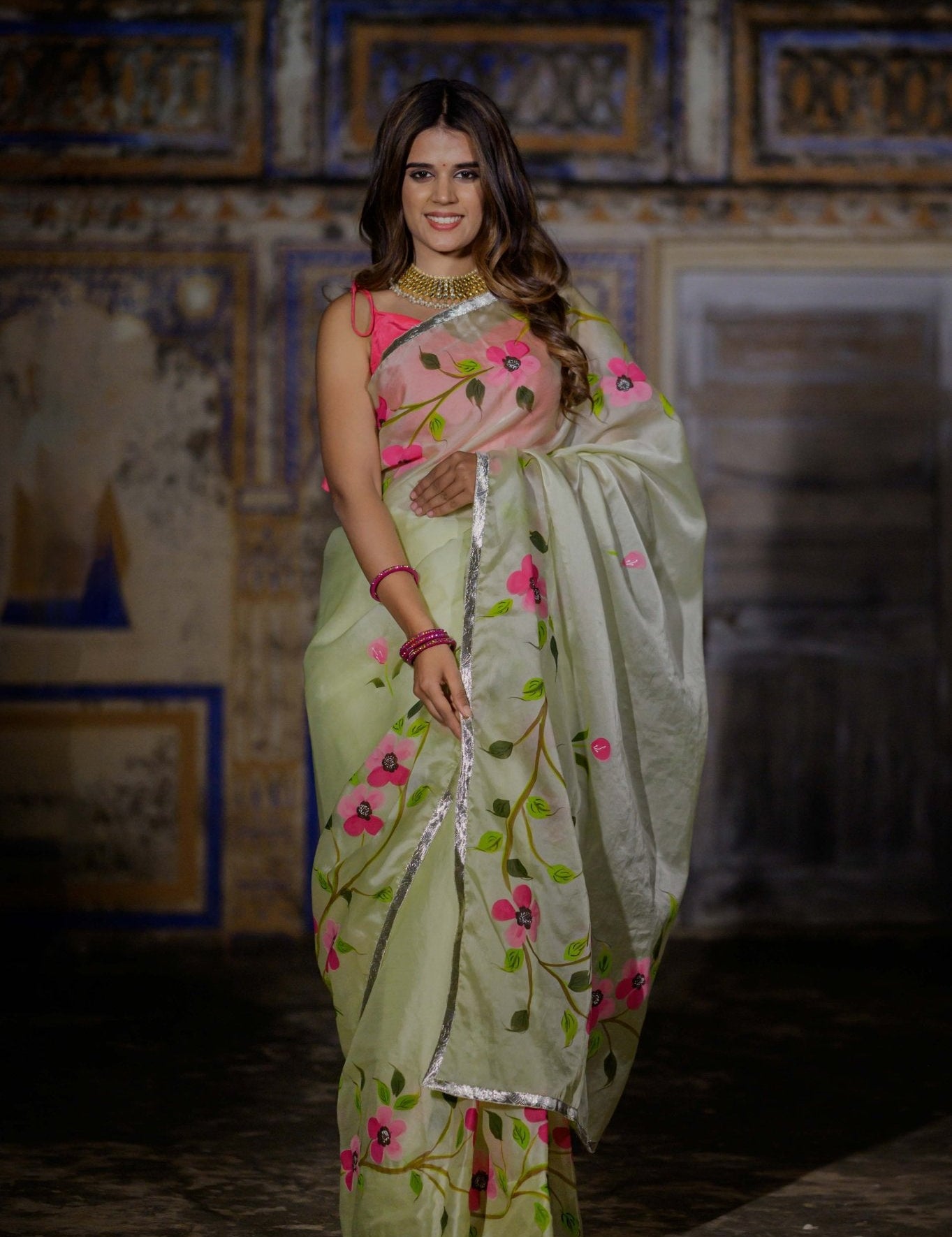 Mint Rose Organza Saree - House of Baisa