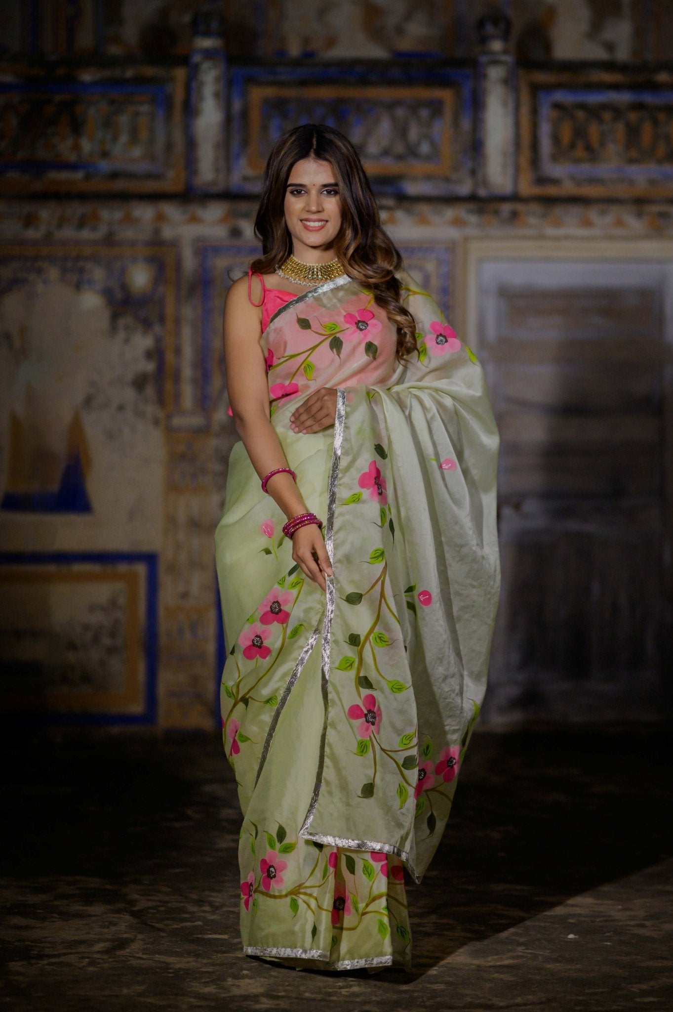 Mint Rose Organza Saree - House of Baisa