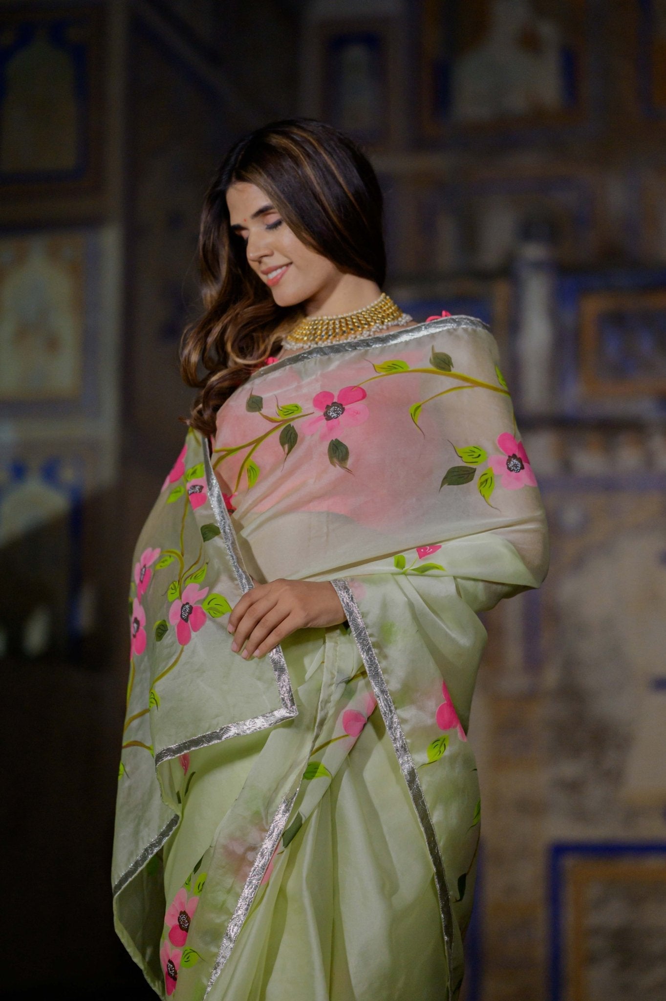 Mint Rose Organza Saree - House of Baisa