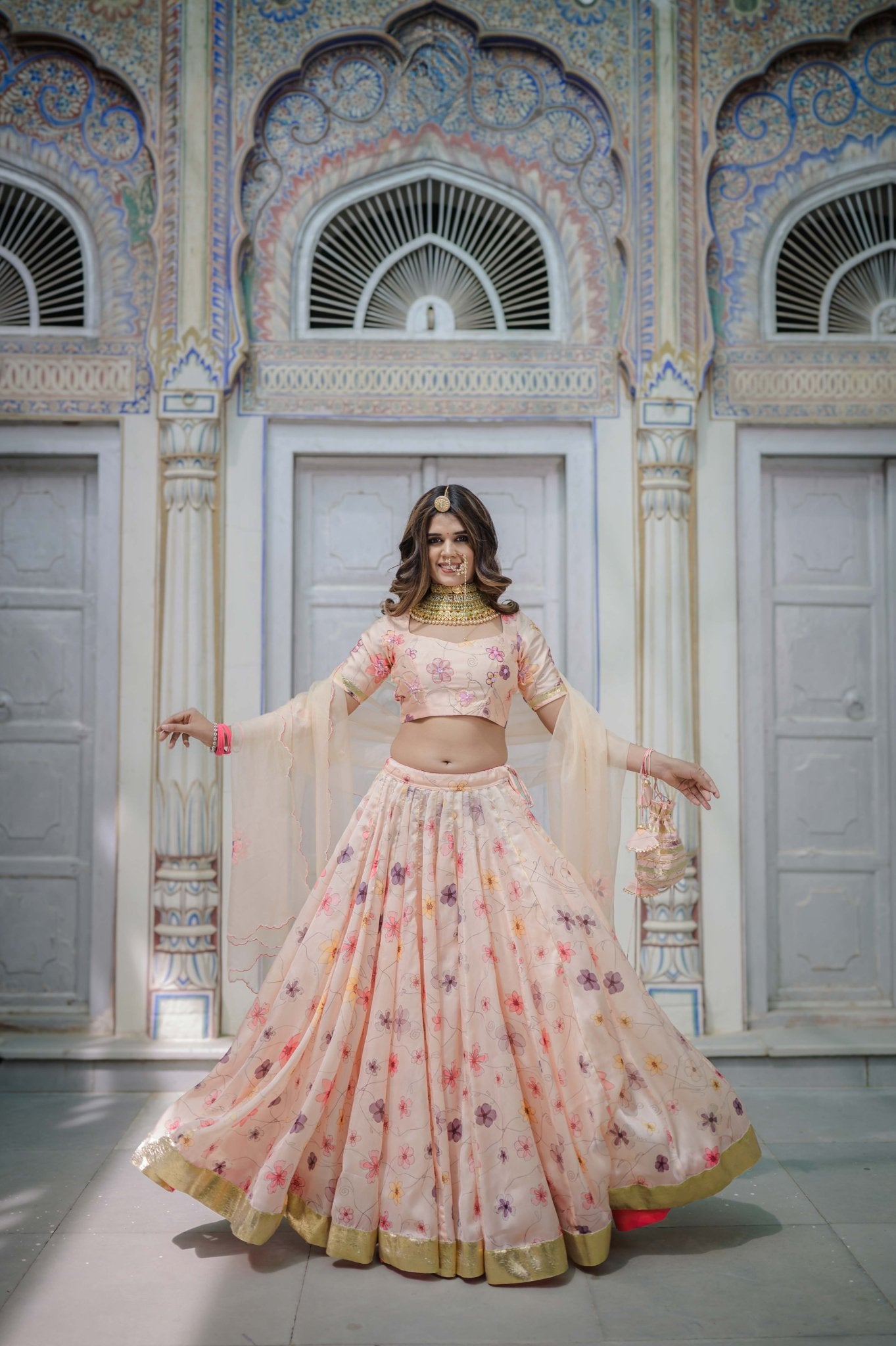 Peach Satin Handcrafted Bridal Lehenga – Hand Painted Festive Wear - House of Baisa