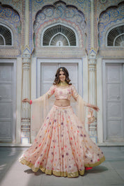 Peach Satin Handcrafted Bridal Lehenga – Hand Painted Festive Wear - House of Baisa