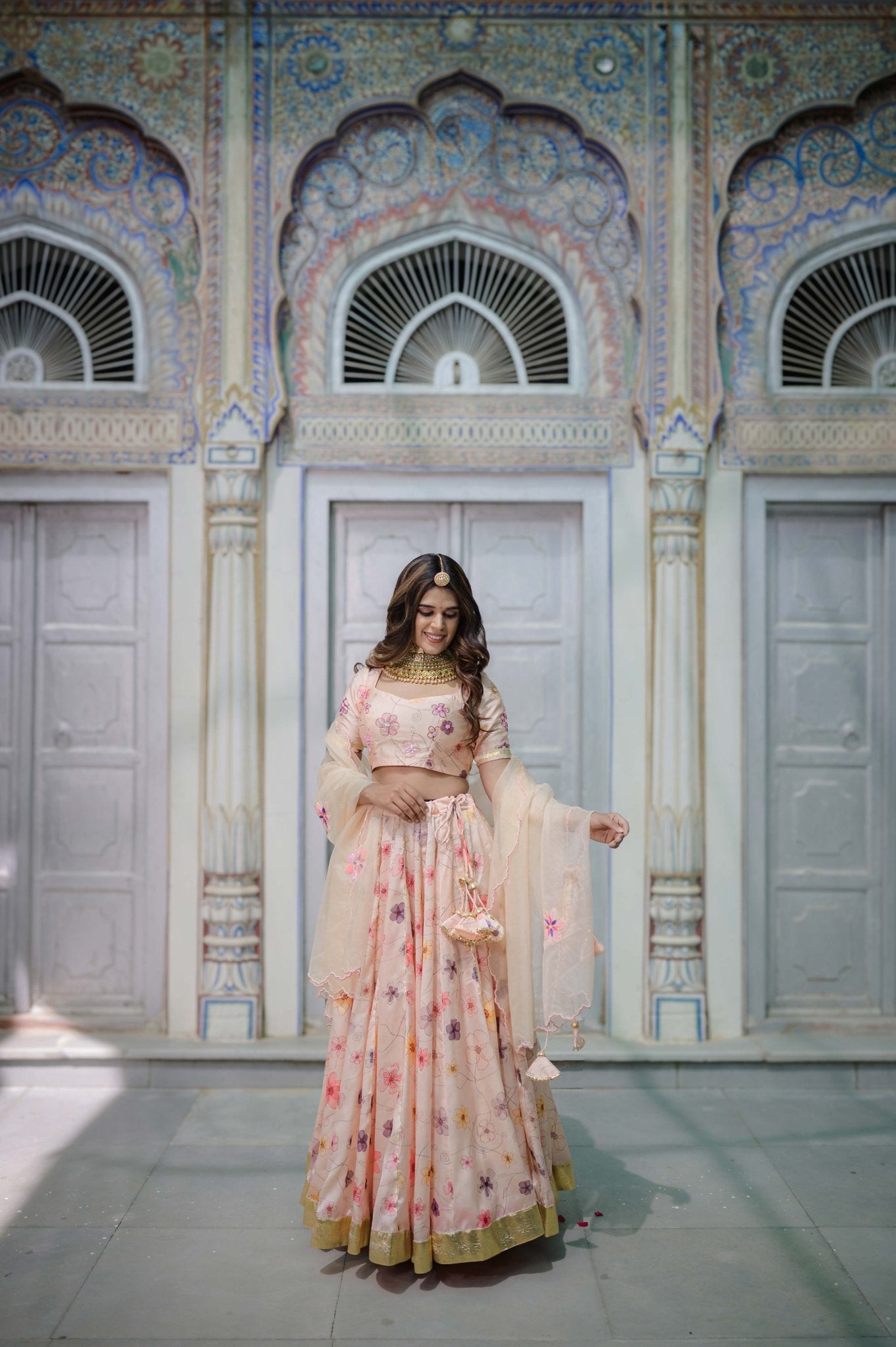 Peach Satin Handcrafted Bridal Lehenga – Hand Painted Festive Wear - House of Baisa