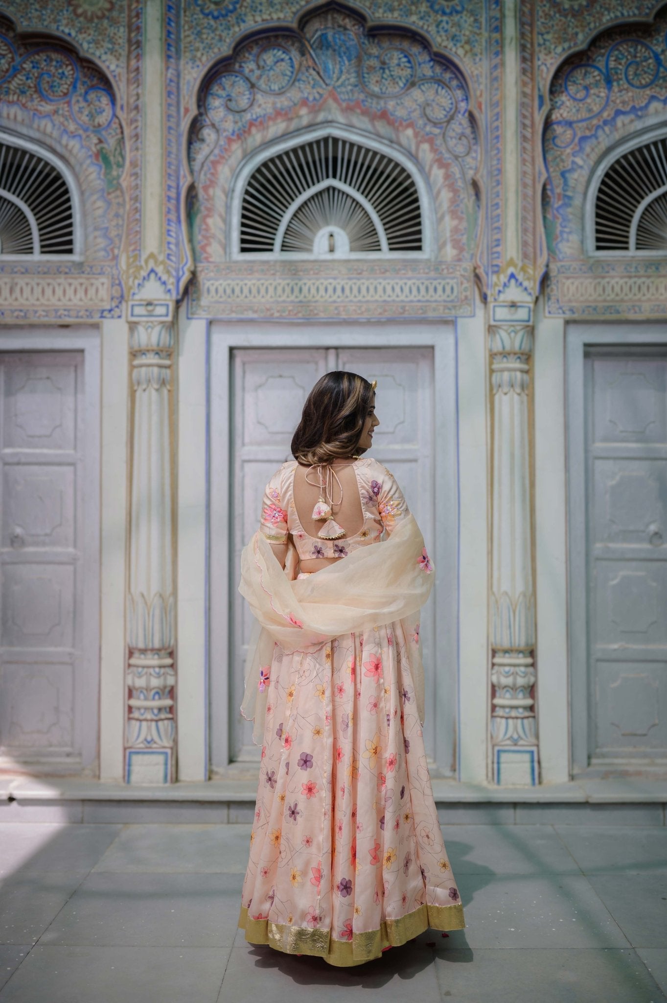 Peach Satin Handcrafted Bridal Lehenga – Hand Painted Festive Wear - House of Baisa