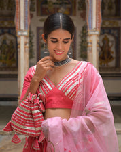 Front view of pink lehenga with bougainville floral gota work