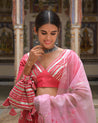 Front view of pink lehenga with bougainville floral gota work