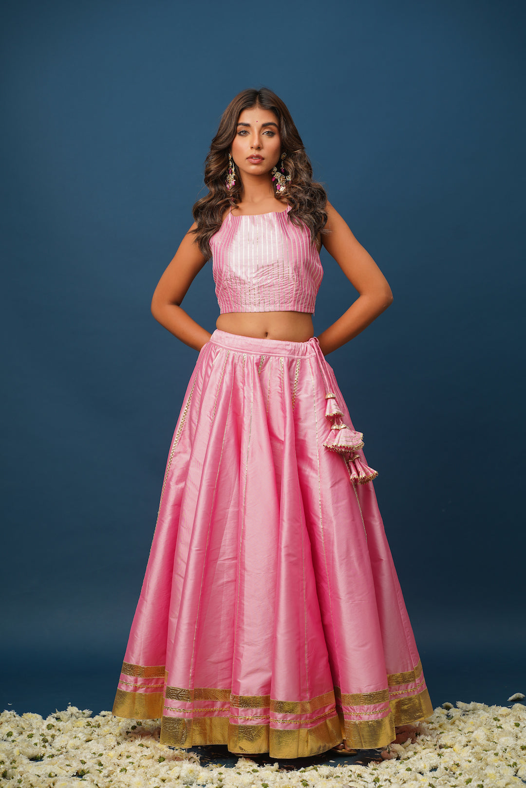 pink lehenga showing blouse