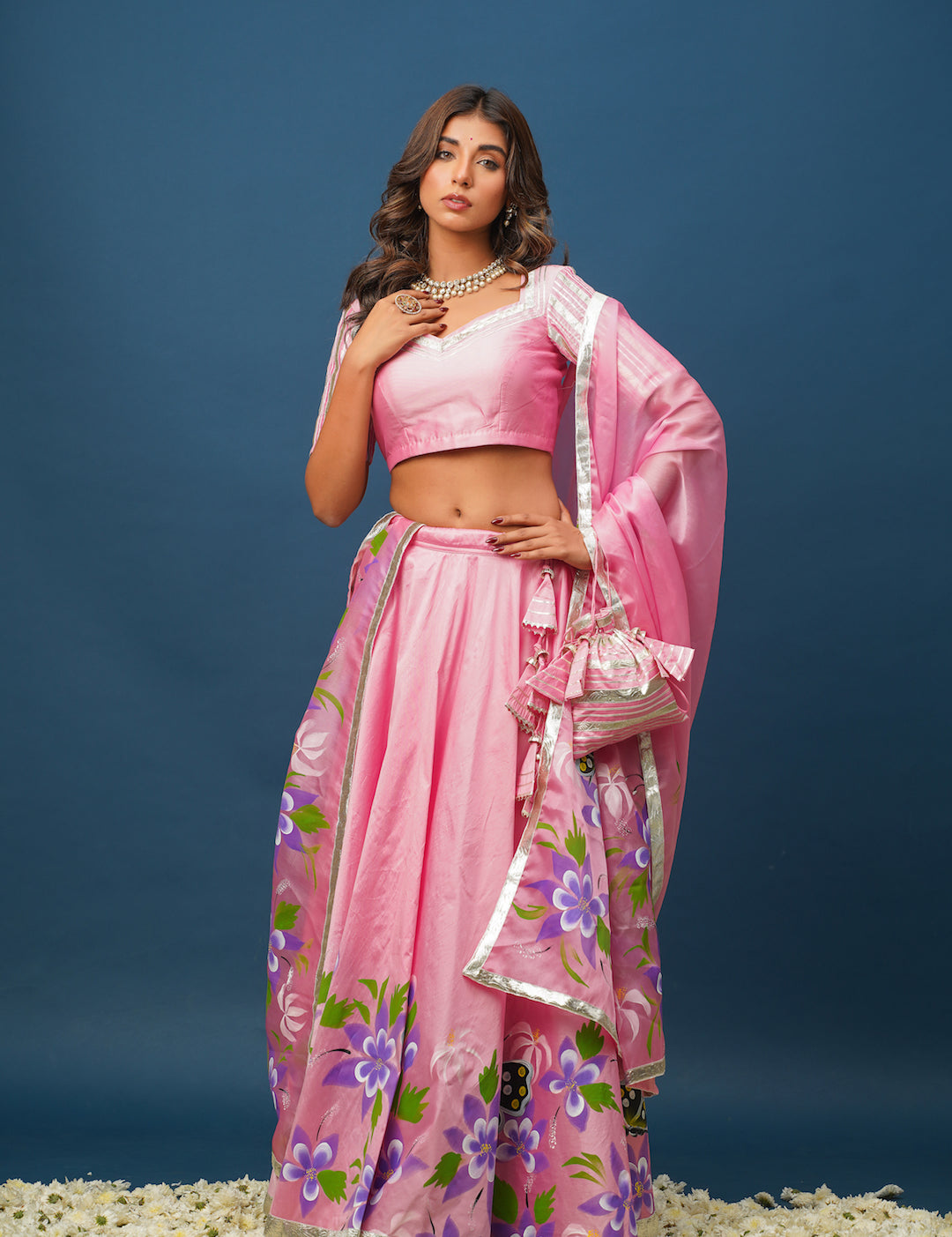 Bridal look in Pragya Pink Lehenga with matching floral blouse