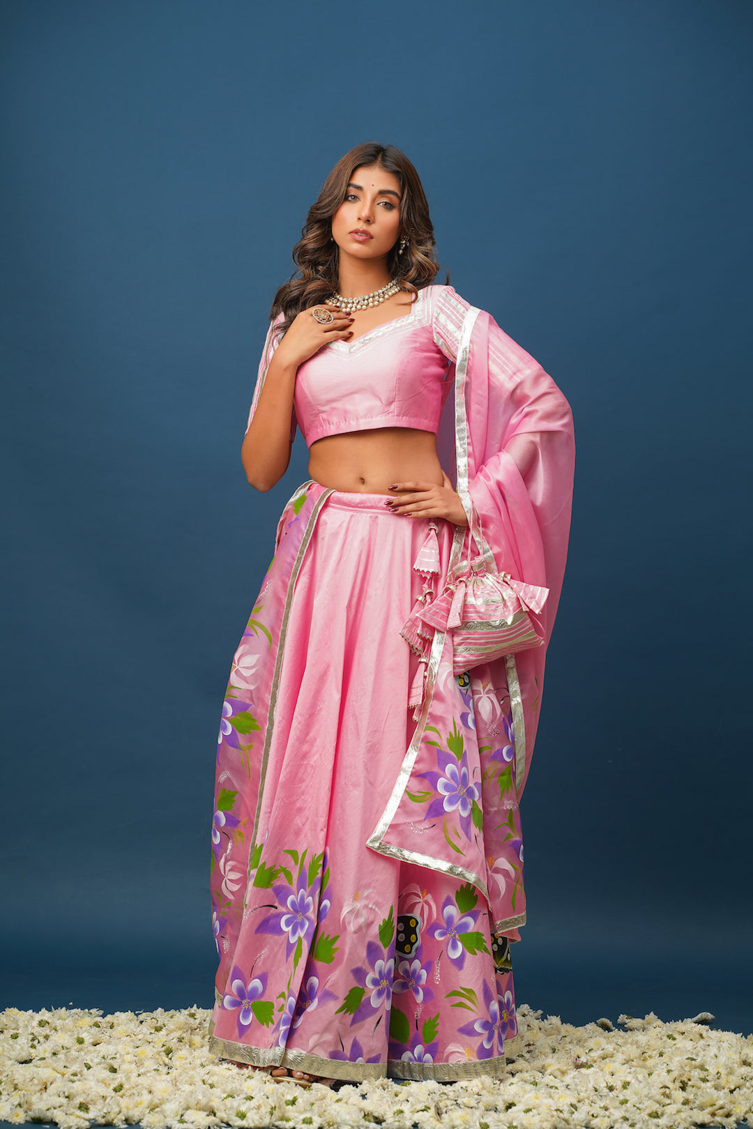 Bridal look in Pragya Pink Lehenga with matching floral blouse