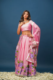 Bridal look in Pragya Pink Lehenga with matching floral blouse