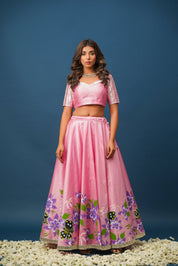 Pragya Pink Lehenga Set – Elegant Hand - Painted Satin for Festive Moments - House of Baisa