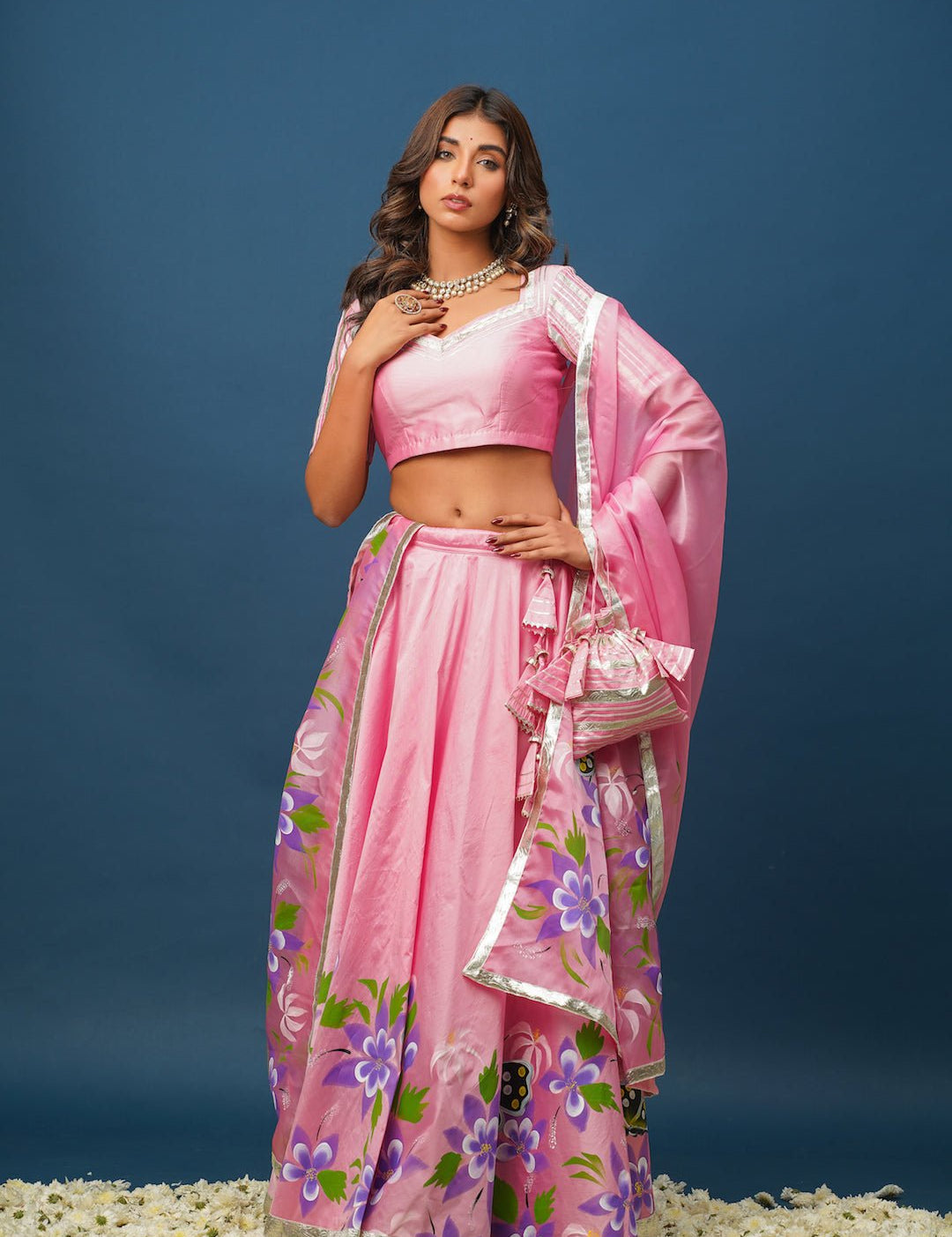 Pragya Pink Lehenga Set – Elegant Hand - Painted Satin for Festive Moments - House of Baisa