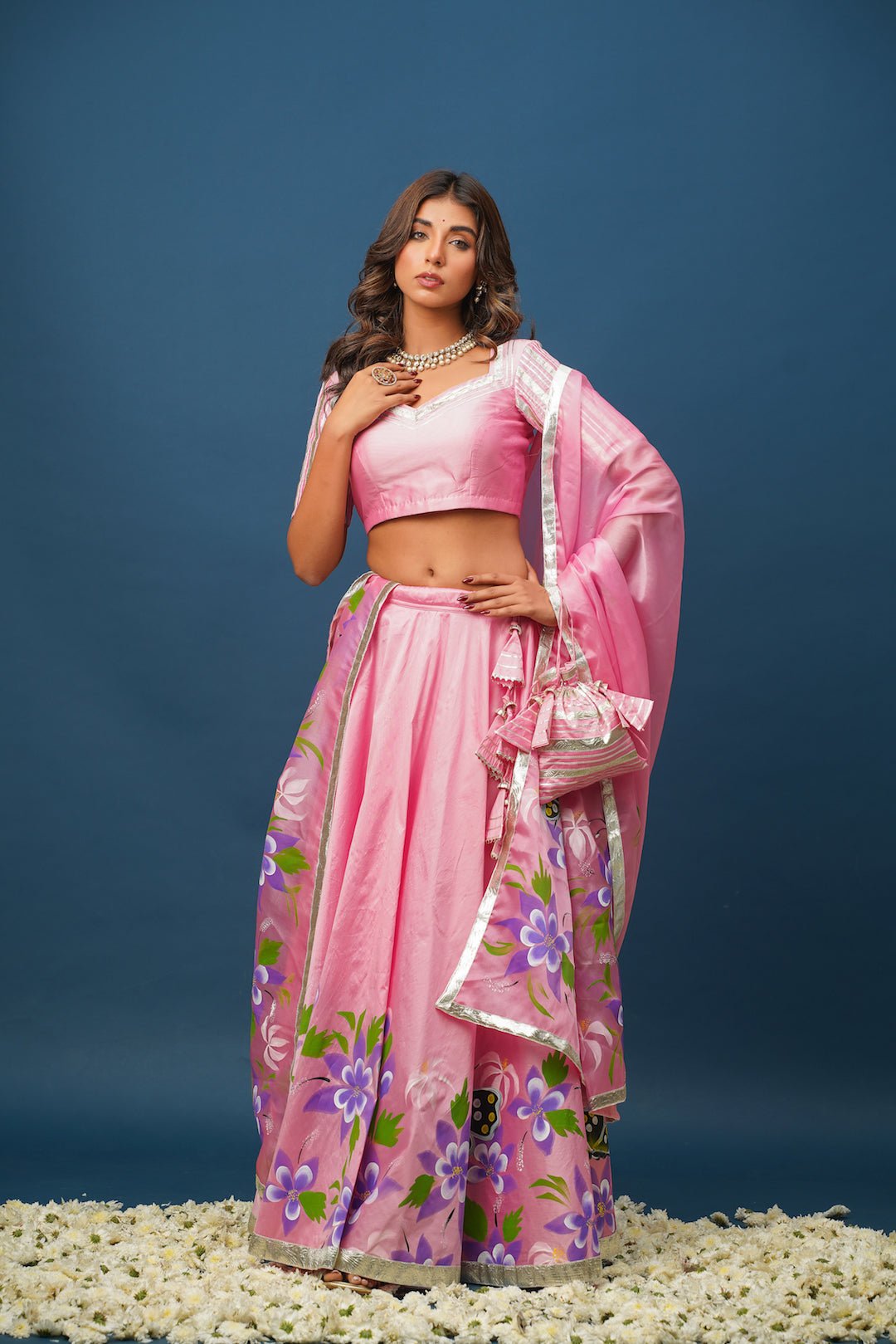 Pragya Pink Lehenga Set – Elegant Hand - Painted Satin for Festive Moments - House of Baisa