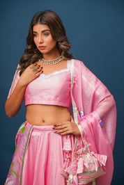 Pragya Pink Lehenga Set – Elegant Hand - Painted Satin for Festive Moments - House of Baisa