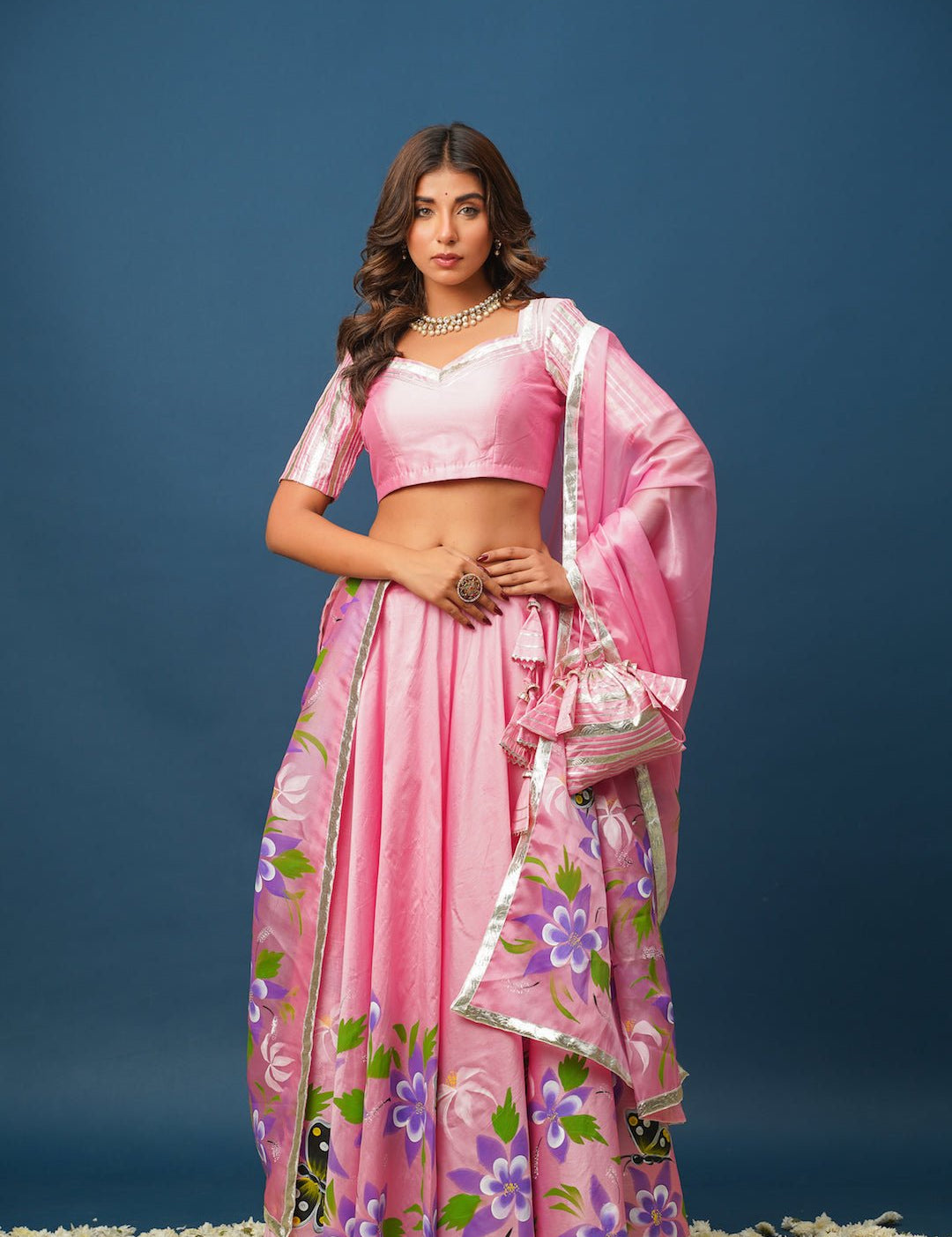 Pragya Pink Lehenga Set – Elegant Hand - Painted Satin for Festive Moments - House of Baisa