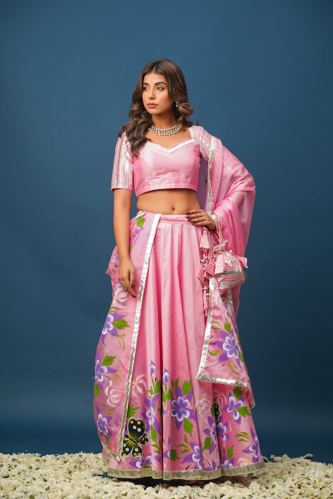 Pragya Pink Lehenga Set – Elegant Hand - Painted Satin for Festive Moments - House of Baisa