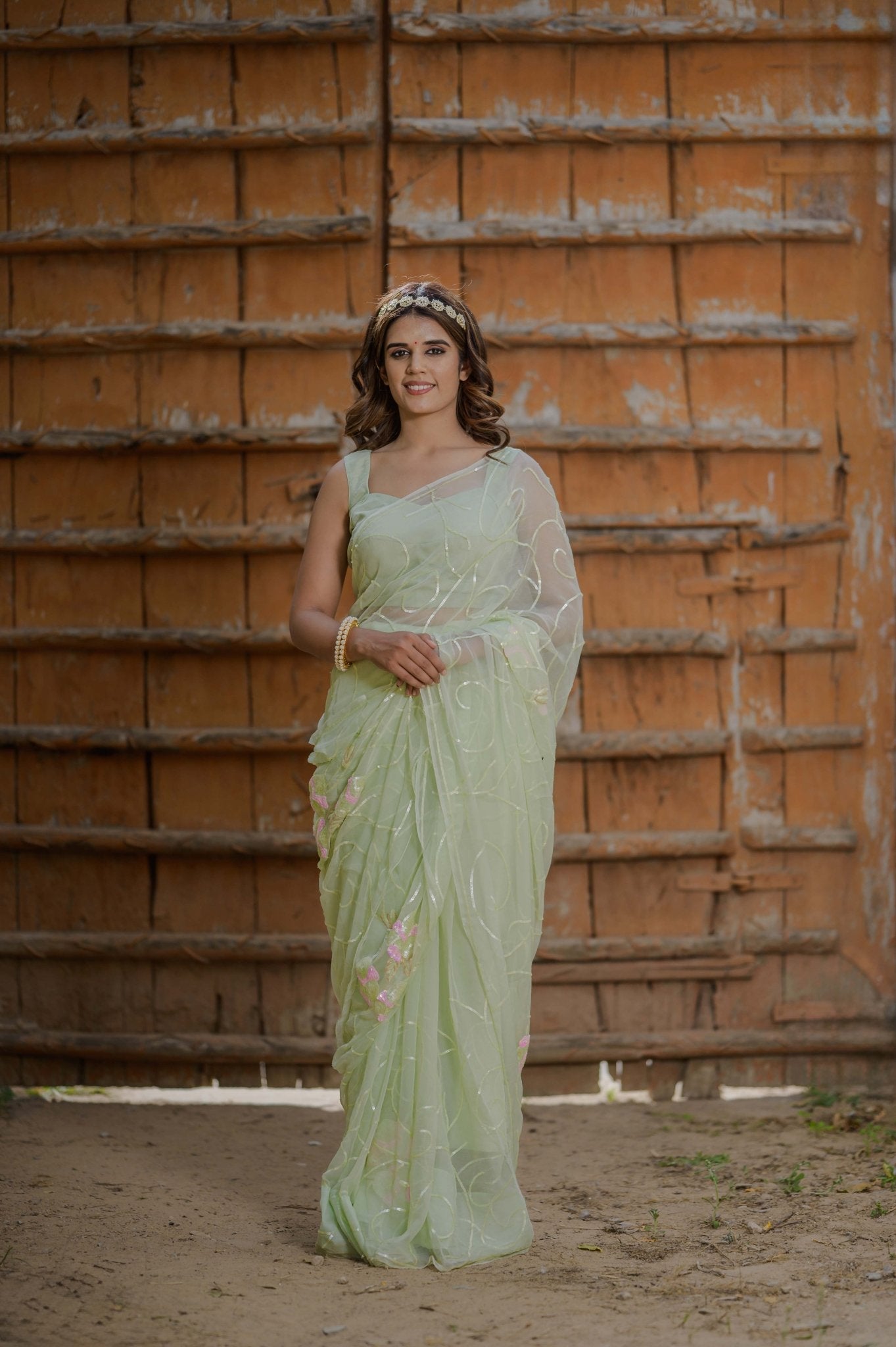 Radhika Green Tari Jaal Saree - House of Baisa