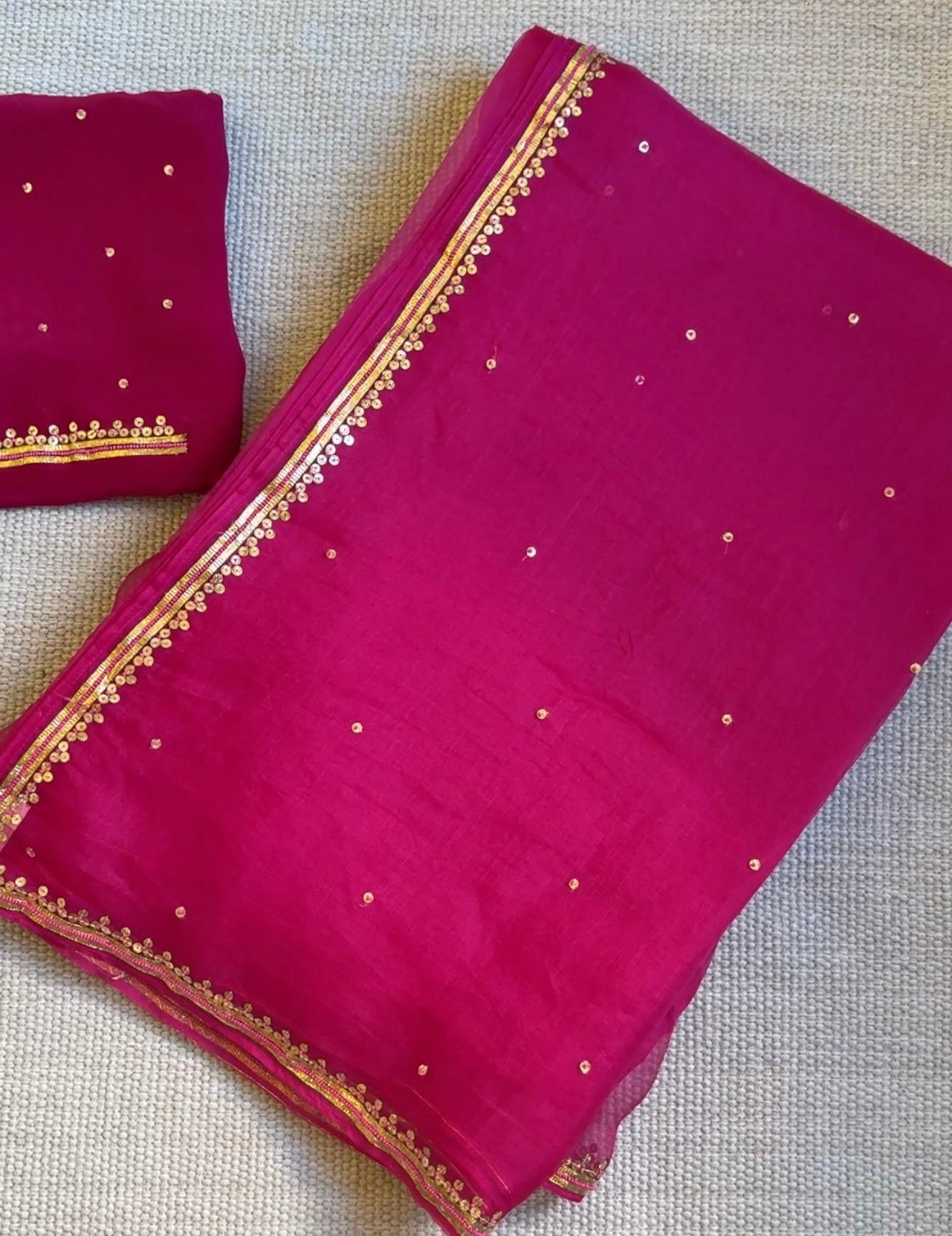 Sargun deep pink pure organza saree with copper Gota border, House of Baisa
