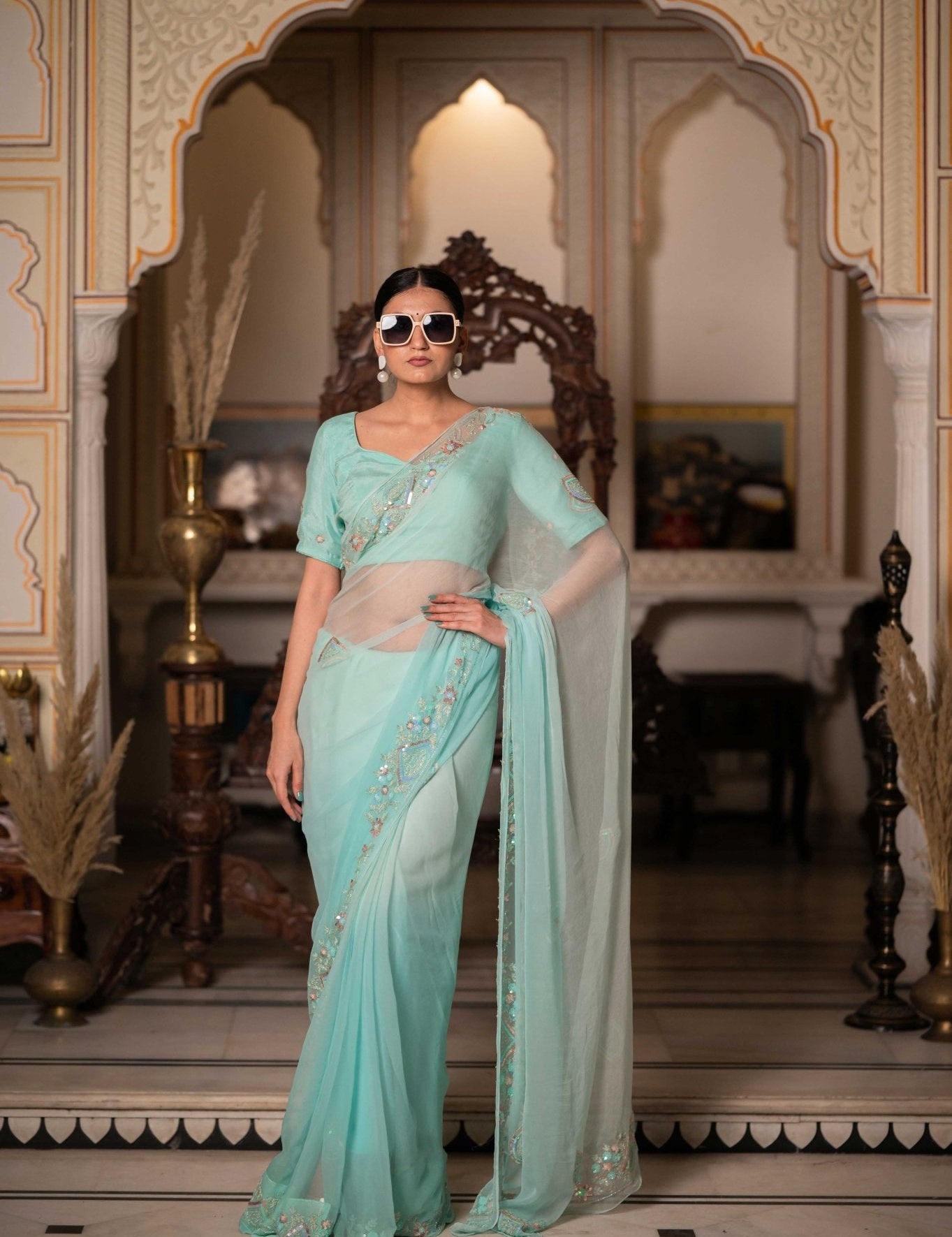 Sea Green Zari Tari Saree - House of Baisa