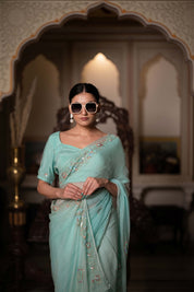 Sea Green Zari Tari Saree - House of Baisa