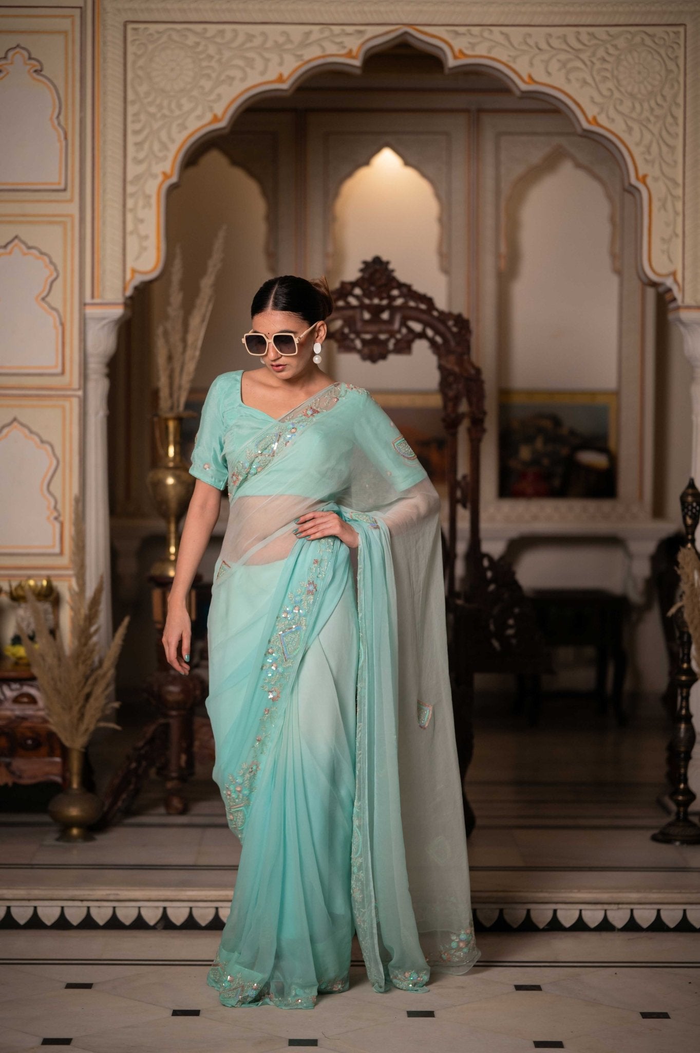 Sea Green Zari Tari Saree - House of Baisa