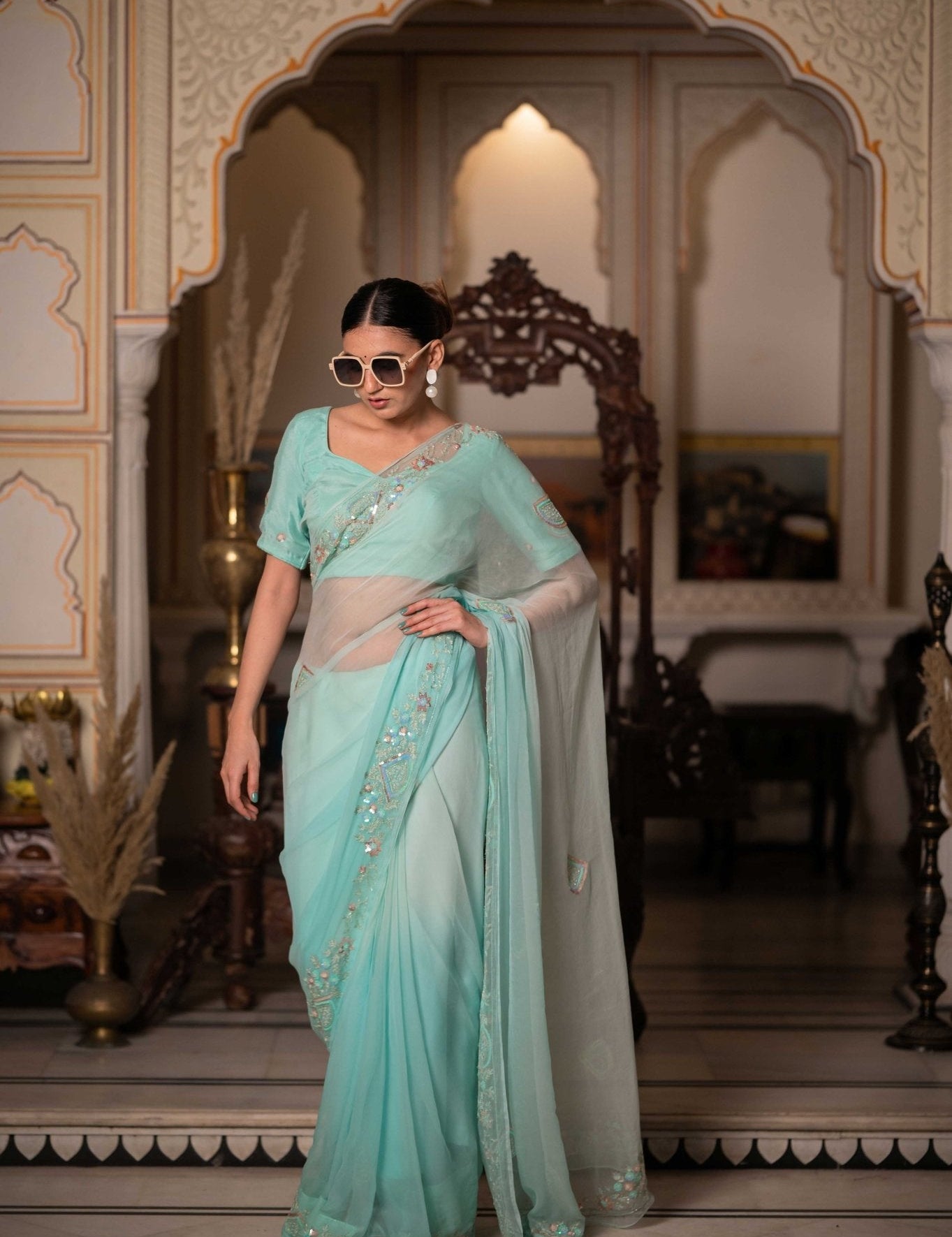 Sea Green Zari Tari Saree - House of Baisa