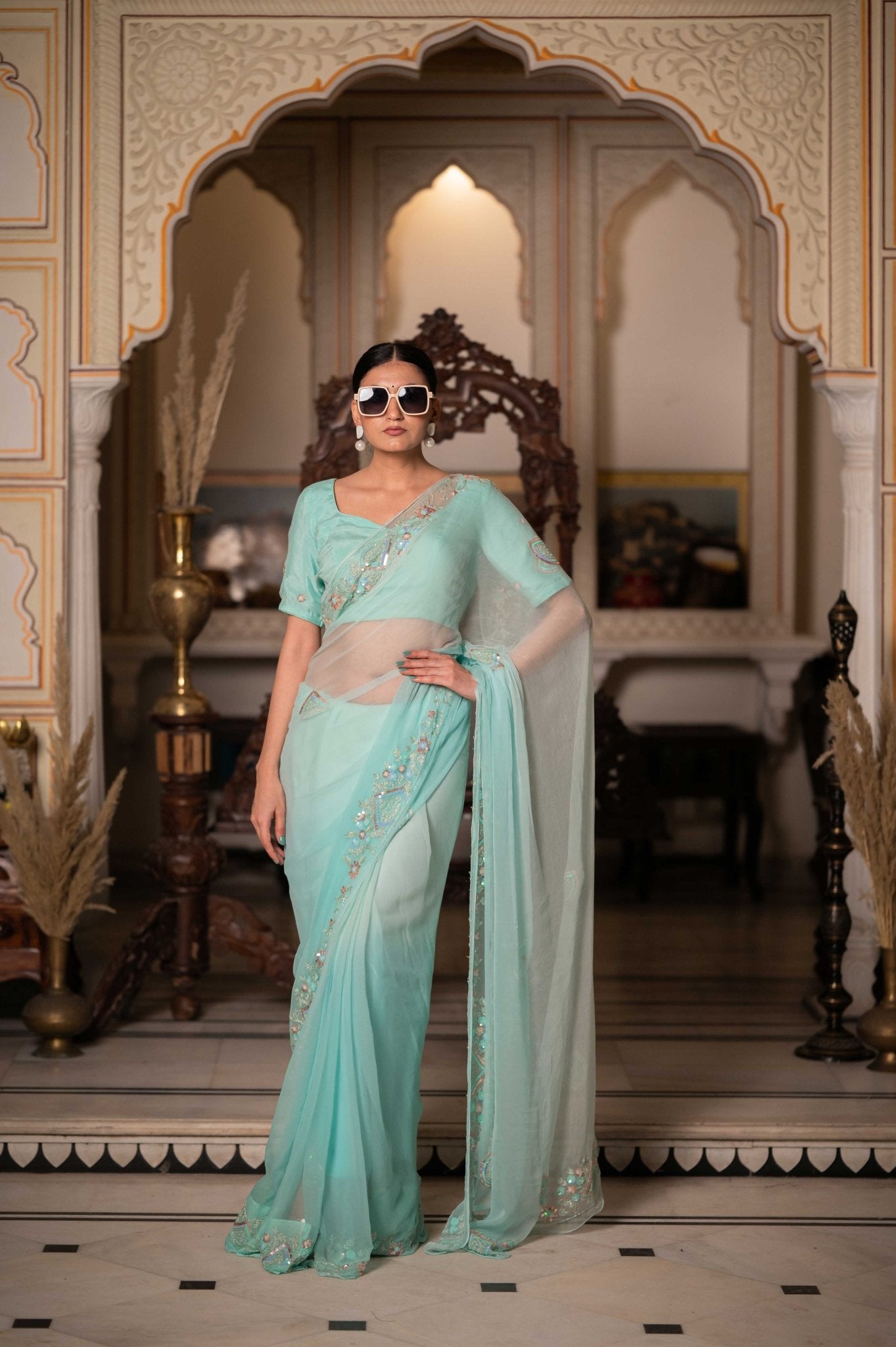 Sea Green Zari Tari Saree - House of Baisa