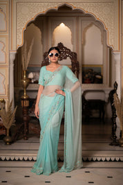 Sea Green Zari Tari Saree - House of Baisa