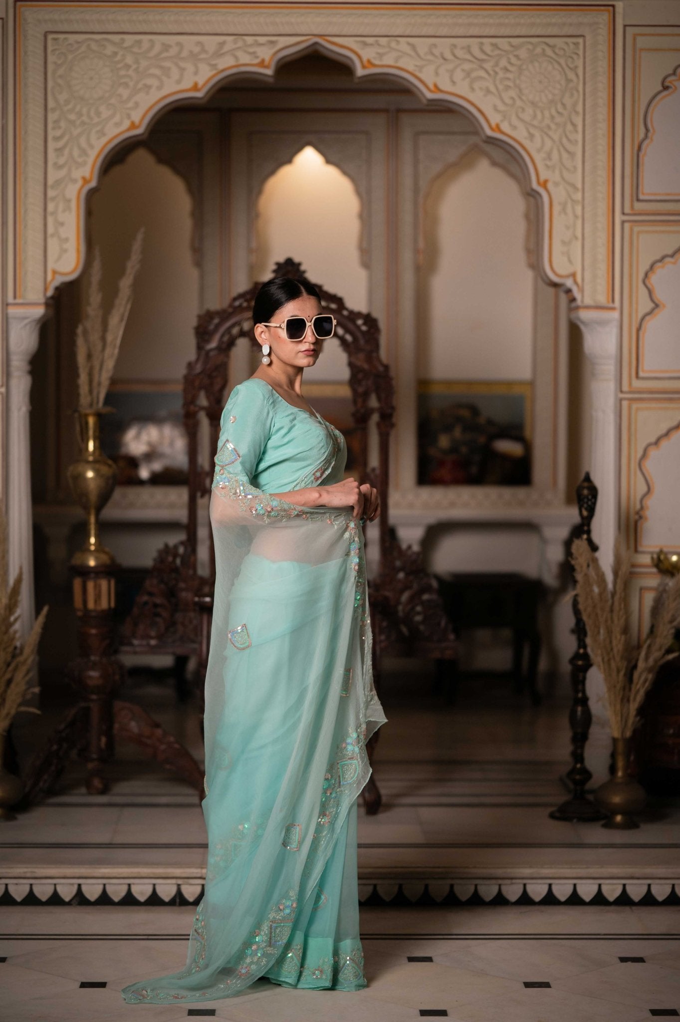 Sea Green Zari Tari Saree - House of Baisa