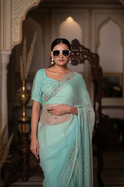 Sea Green Zari Tari Saree - House of Baisa