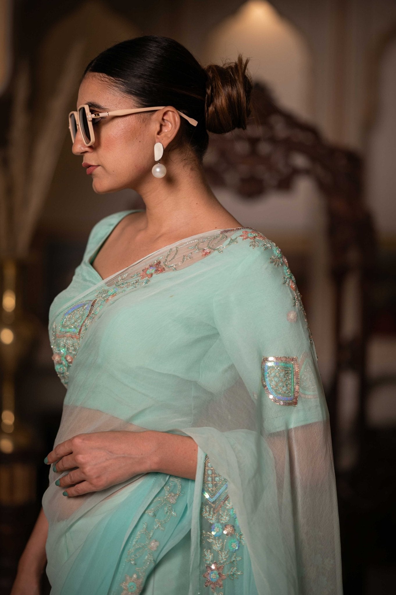 Sea Green Zari Tari Saree - House of Baisa