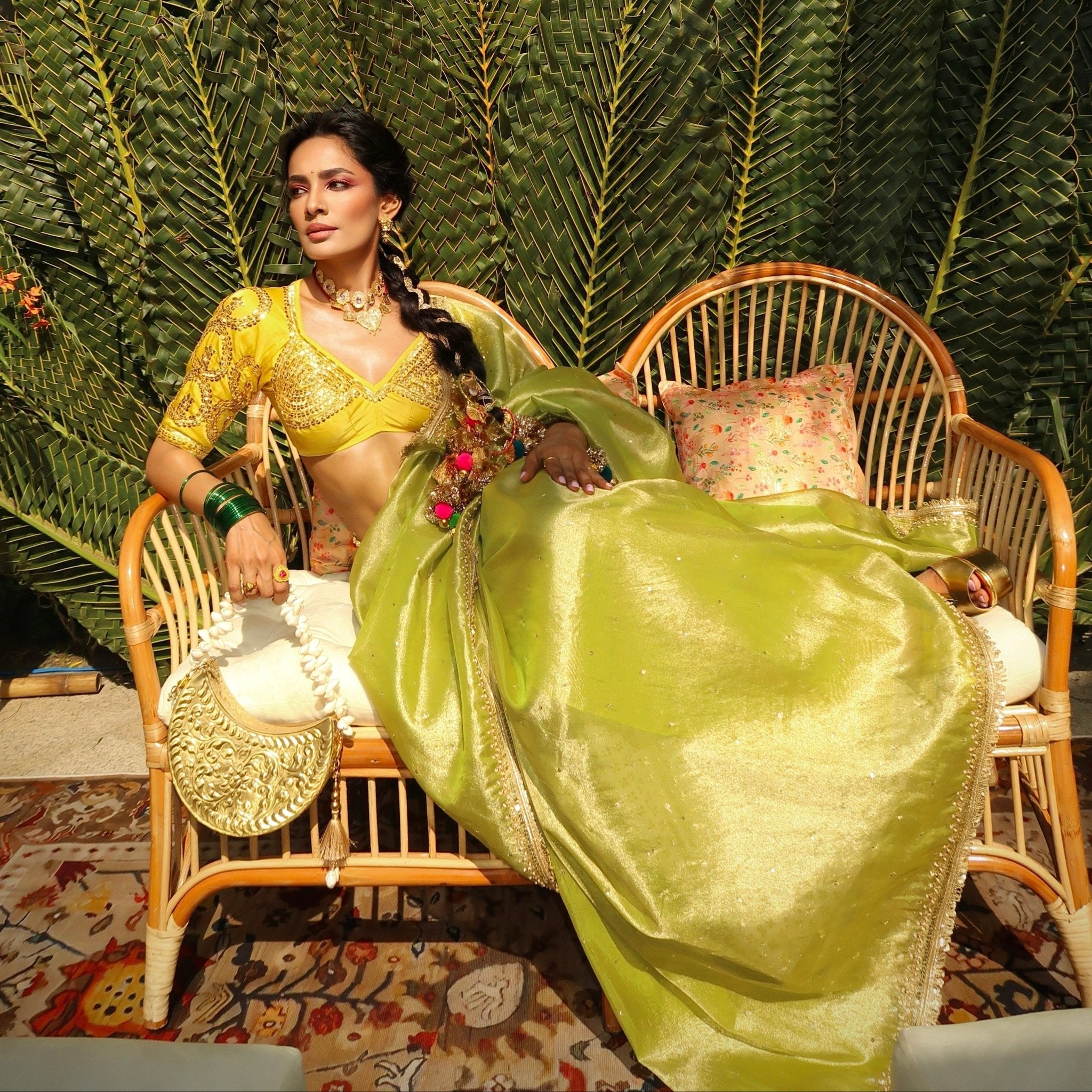 Sohani Green Tissue Hand Embroidered Saree - House of Baisa