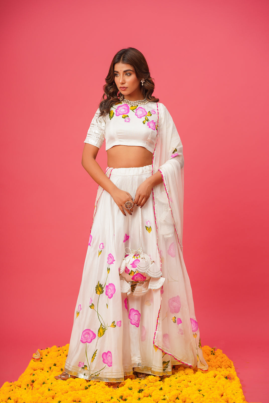 White floral lehenga perfect for engagement, reception, or modern Indian festive occasions


