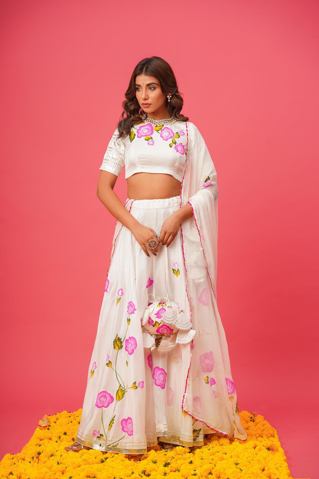 White Floral Lehenga – Hand - Painted Silk for Celebrations - House of Baisa