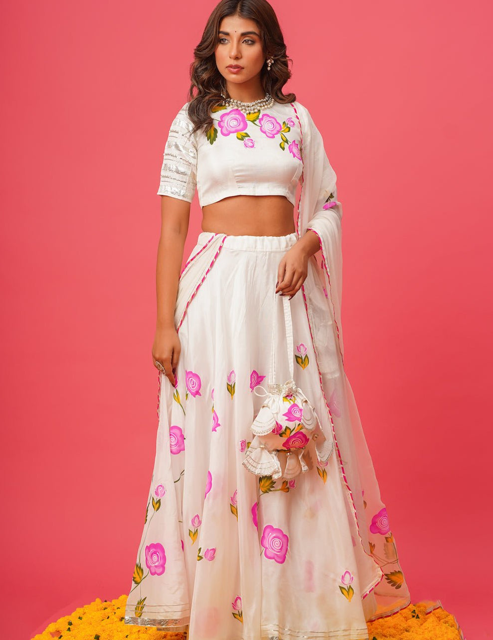 White Floral Lehenga – Hand - Painted Silk for Celebrations - House of Baisa