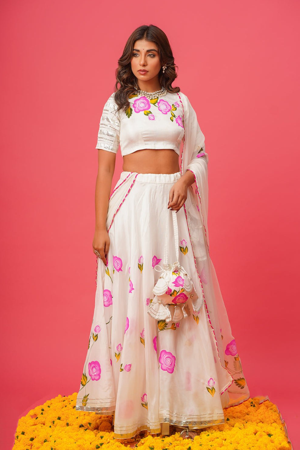 White Floral Lehenga – Hand - Painted Silk for Celebrations - House of Baisa